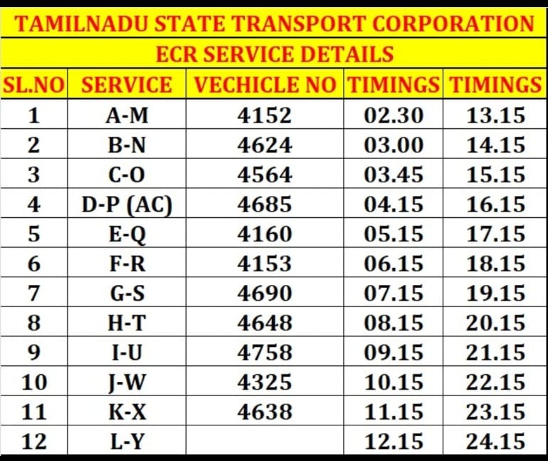 Cuddalore to Chennai ECR bus timings